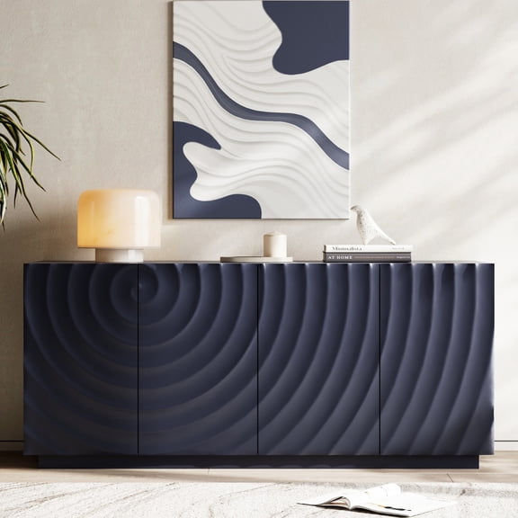 Modern 59" Buffet Cabinet with Storage, 4-Door Wave Textured Sideboard, Black Accent Console Table, Floor Standing Credenza for Living Room Kitchen, Navy Blue