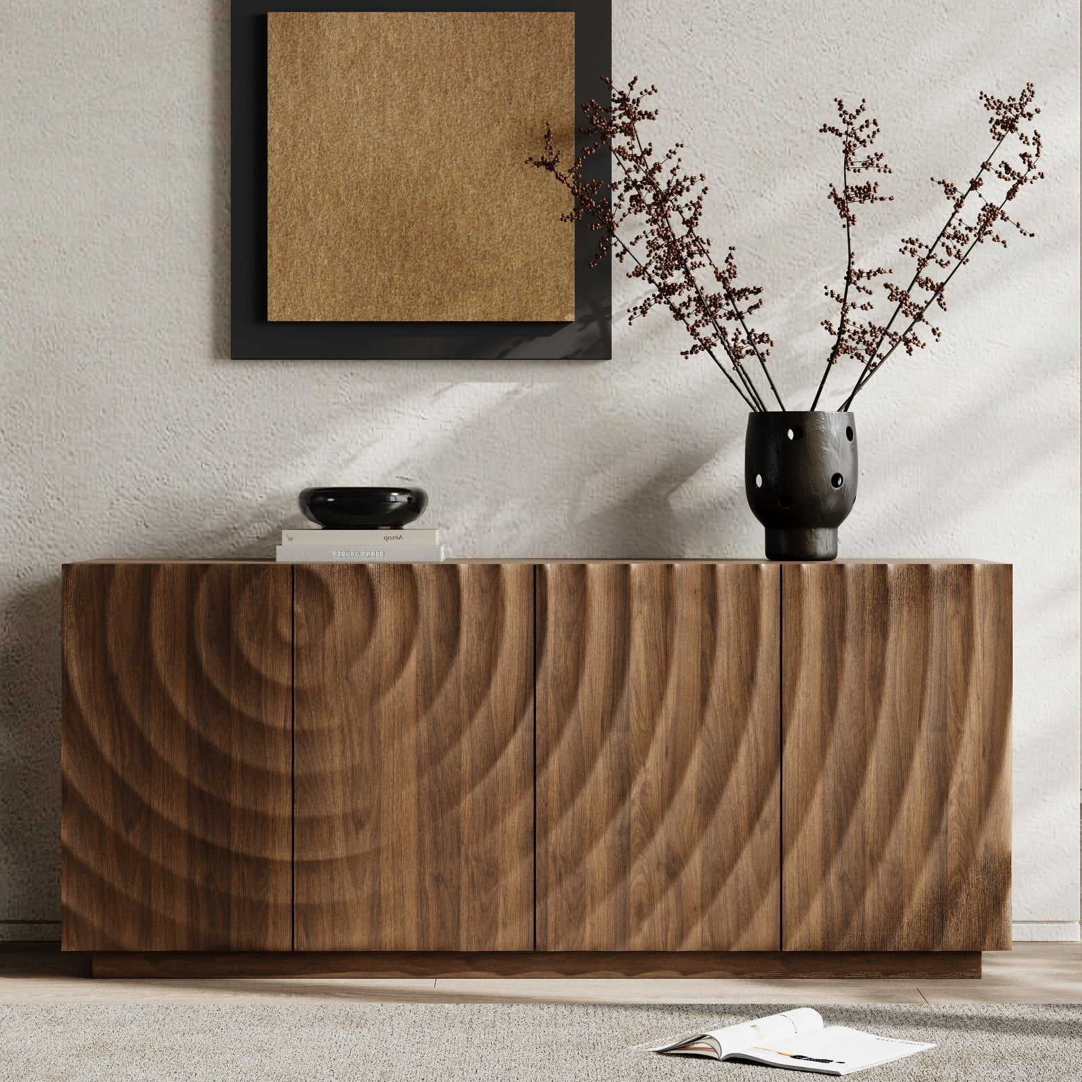 Modern 59" Buffet Cabinet with Storage, 4-Door Wave Textured Sideboard, Black Accent Console Table, Floor Standing Credenza for Living Room Kitchen, Walnut