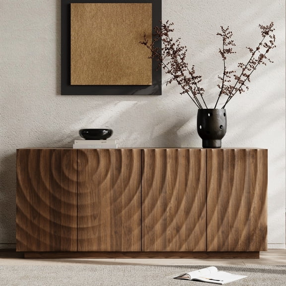 Modern 59" Buffet Cabinet with Storage, 4-Door Wave Textured Sideboard, Black Accent Console Table, Floor Standing Credenza for Living Room Kitchen, Walnut