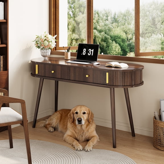 Modern 59" Computer Desk with 2 Drawers, Spacious Writing Table with Built-in Storage for Home Office-Walnut