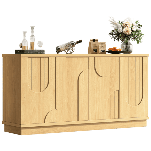 Modern 59" Sideboard Buffet Cabinet with Storage, Arched Finish Kitchen Storage Cabinet,Coffee Bar Console Table with 4 Doors and Adjustable Shelves for Living Room, Hallway, Natural