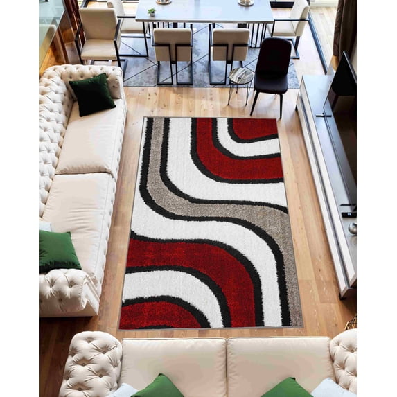 Modern 5D Shaggy Abstract Geometric Rug for Living Room Bedroom Design 6417 (8x10 (7'8"x10'8"),Red)