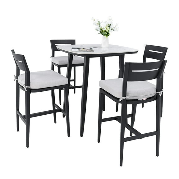 Modern 5PC Outdoor Patio Bar Set, Rounded Square 35.4'' Sintered Stone Table & 4 Aluminum Bar Stools, Ember Black, Greek White Marble-Inspired Top, Tapered Legs, Sunbrella Cushion