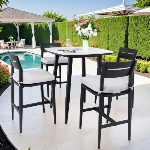 Modern 5PC Outdoor Patio Bar Set,Rounded Square 35.4'' Sintered Stone Table & 4 Aluminum Bar Stools, Ember Black, Greek White Marble-Inspired Top, Tapered Legs, Sunbrella Cushion, Weather-Resistant