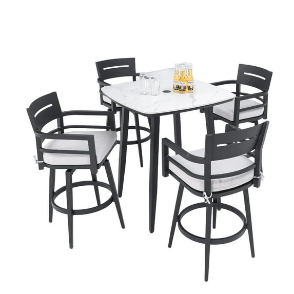 Modern 5PC Outdoor Patio Bar Set,Rounded Square Sintered Stone Table & 4 Swivel Bar Chairs,Non-Rust Aluminum Frame,Ember Black, Marble-Inspired Top,Bearing Swivel Plate,Tapered Legs
