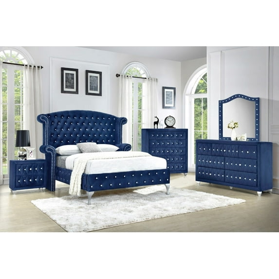 Modern 5Pc Queen Size Bed Dresser Mirror Nightstand Set Master Bedroom Furniture Blue Velvet