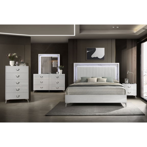 Modern 5Pc White Queen Bed Upholstered Headboard LED Light Bedroom Furniture Set