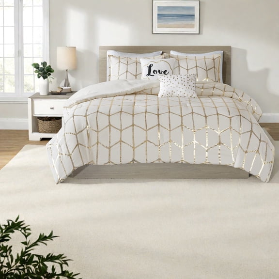 Modern 5Piece Bedding Set 100% Polyester Microfiber with Metallic Geometric Print Full/Queen Size
