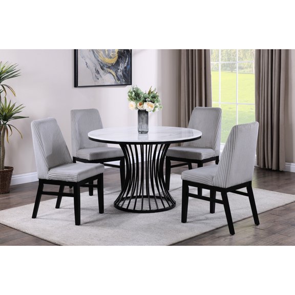Modern 5pc Dining Set, Black Legs and Light Gray Fabric / Stylish for Dining Room