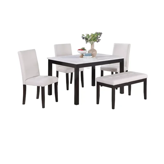Modern 5pc Dining Set White Faux Leather 3x Chairs Bench Tufted Seat Table w Faux Marble Top Dining Room