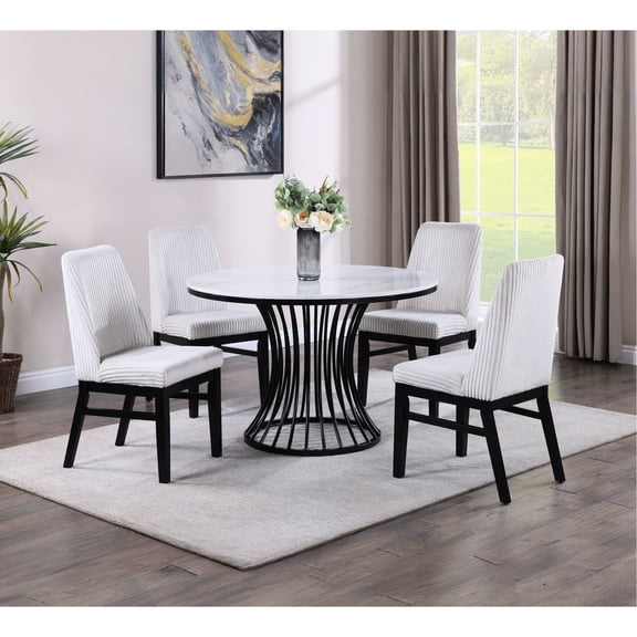 Modern 5pc Dining : Strong Wood Frame And Faux Marble Tabletop Table, Upholstered Chairs & Contemporary Vibe