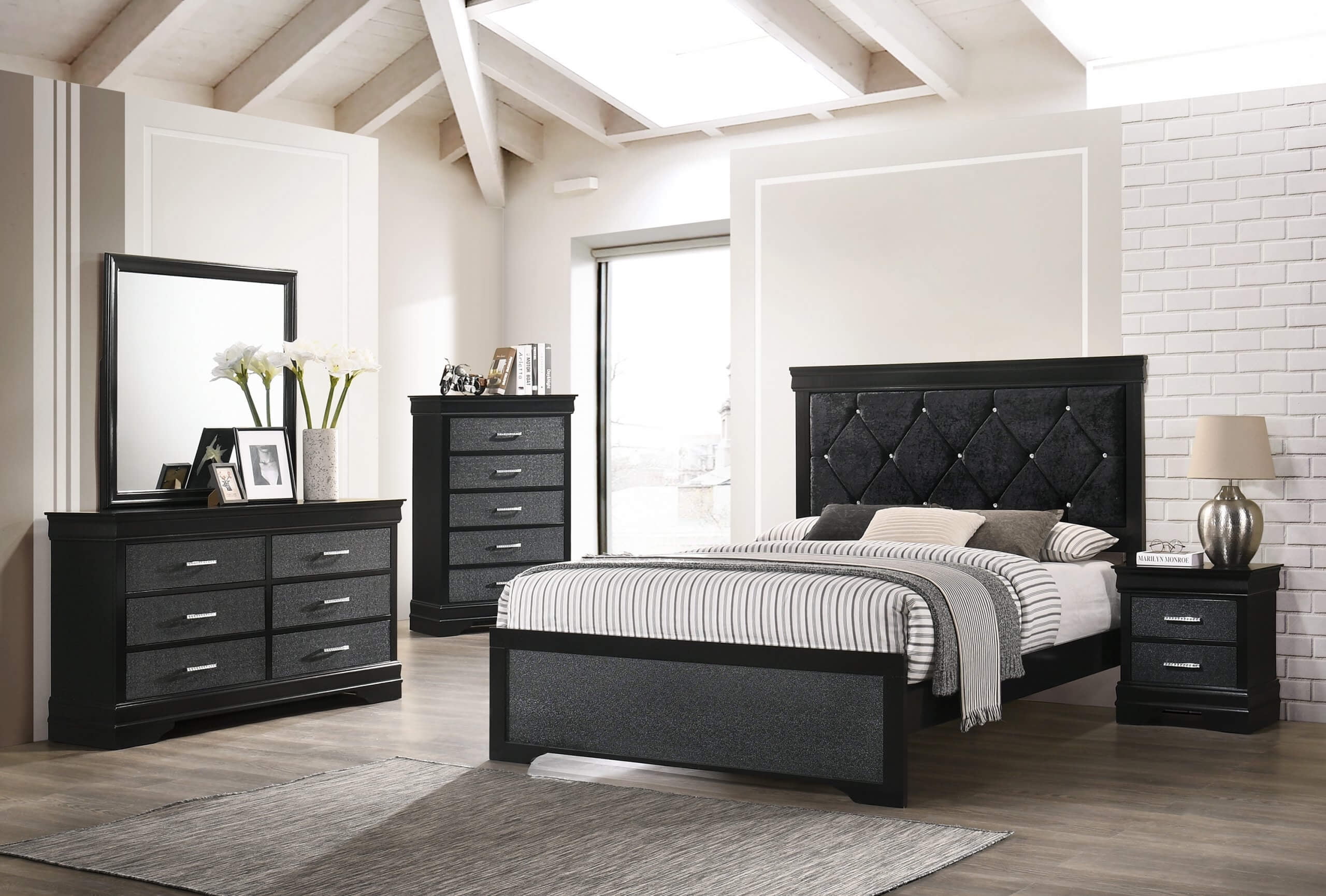 Modern 5pc Full Size Black Finish Upholstered Bed Set Solid Wood ...