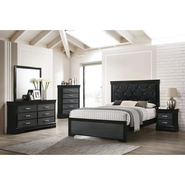 Modern 5pc Full Size Black Finish Upholstered Bed Set Solid Wood Storage Wooden Bedroom Furniture