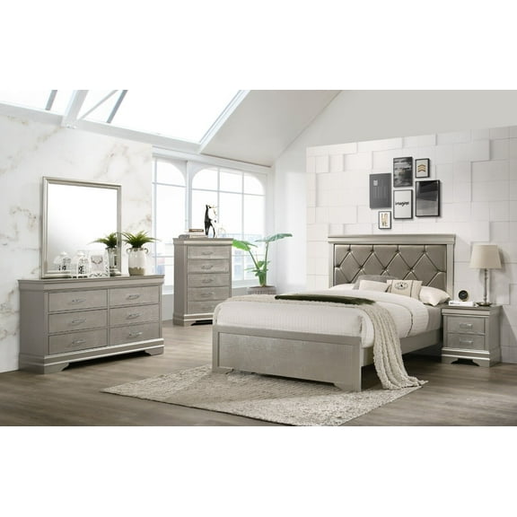Modern 5pc Full Size Champagne Finish Upholstered Bed Set Solid Wood Storage Wooden Bedroom Furniture