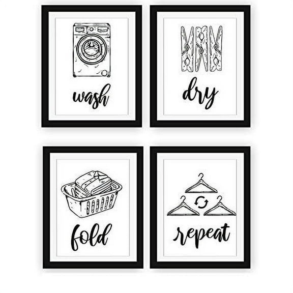 Modern 5th - Laundry Room Signs (Set of 4 Unframed), Wash Dry Fold Repeat, Typography Wall Art