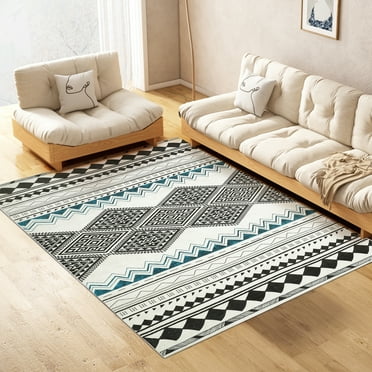 Modern 5x7 Area Rugs for Living Room, Non Slip Machine Washable Retro Rugs, Low Pile Chenille Print Rug for Bedroom, Dining Room, Home Office, Blue