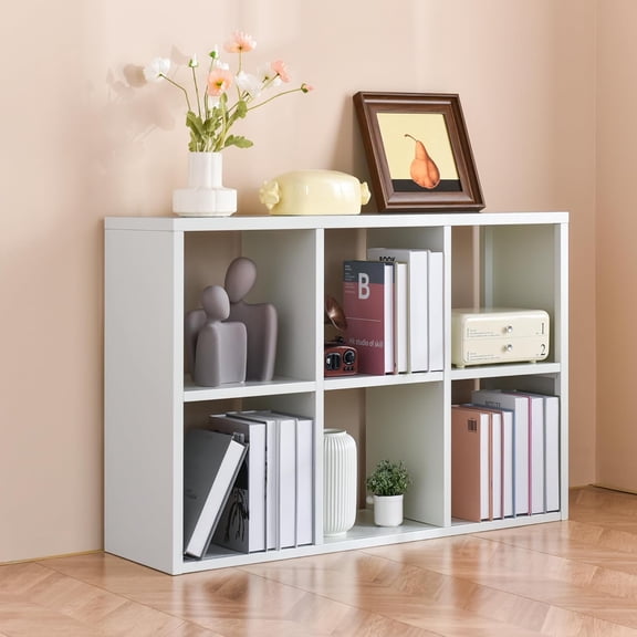 Modern 6 Cube Storage Organizer, Metal Small Open Bookcase, Short White Bookshelf with Storage, 2 Tier Storage Shelves, TV Stand, DIY Cabinet Display Case for Home Office Library (White, 1037)