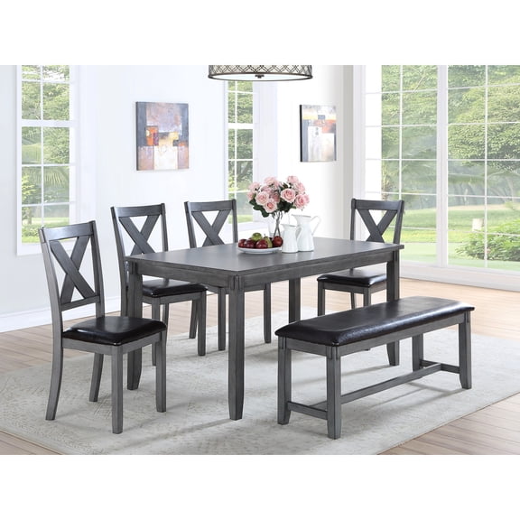 Modern 6 Dining Joining - Gray Finish Rectangular Table, 4 Side Chairs, Bench Wooden Crafted, Upholstered Cushions Back
