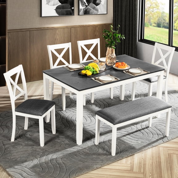 Modern 6 Dining Table , Grey & White, Bent Wood, Heat Tabletop, Comfortable Foam Cushions, X-shaped 6 Room For 6, Solid Wood Frame, Breathable Linen Smooth Easy To Install