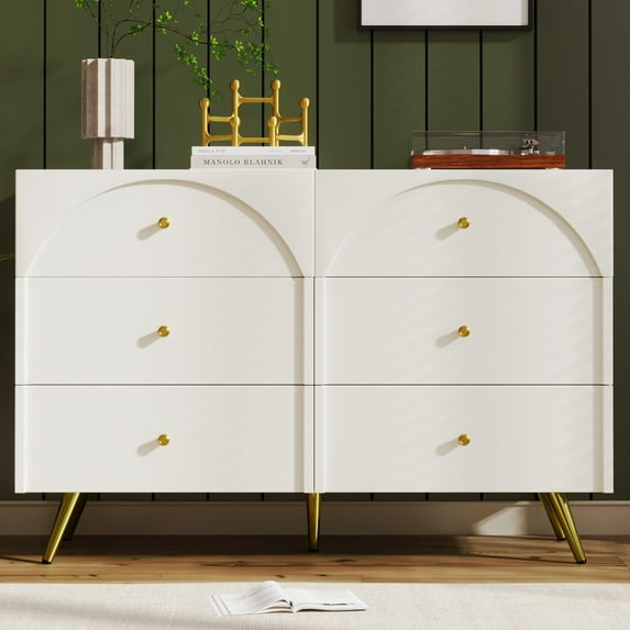 Modern 6-Drawer Dining Cabinet, Storage Sideboard with Metal Legs, Buffet for Kitchen/Living Room, Large Capacity, Cream White