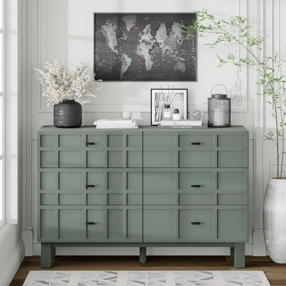 Modern 6 Drawer Double Dresser with Grid Carved Pine Front, Minimalist Chest of Drawers with Large Storage Space Metal Base for Bedroom, Ash Veneered Top, Metal Legs, Light Green