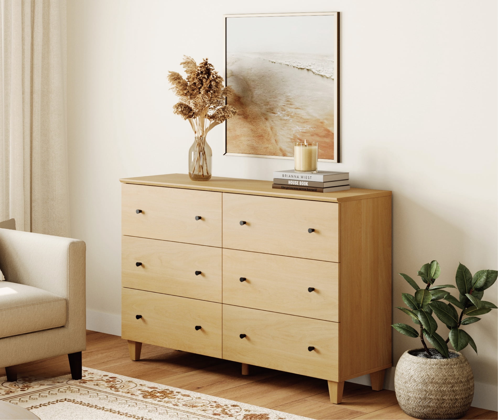 Modern 6-Drawer Double Dresser, Wood Chest of Drawers with Oak Wood Finish, 47.2" Wide