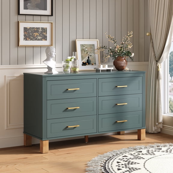 Modern 6-Drawer Double Dresser in Light Green | Mid-Century Bedroom Storage Cabinet with Solid Wood Legs and Smooth Metal Slides