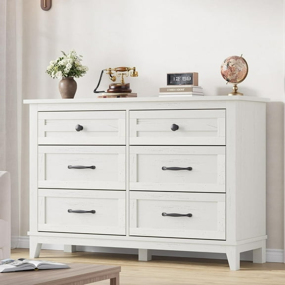 Modern 6-Drawer Dresser, 47" Wide Wooden Storage Chest — Freestanding Closet Organizer for Bedroom, Living Room & Entryway in White