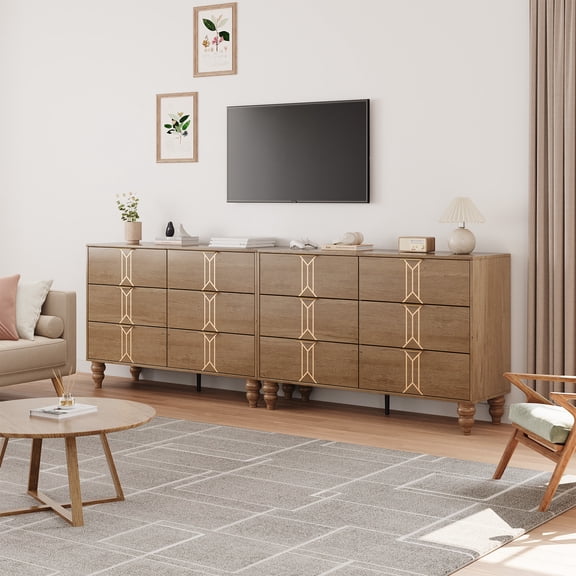 Modern 6-Drawer Dresser for Bedroom Deep Storage Chest Vintage Oak Finish Gold Accents Metal Handles Wood Color + Gold Perfect for Bedroom, Living Room, Entryway