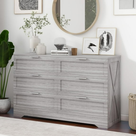 Modern 6-Drawer Dresser for Bedroom, Dresser Chest of Drawer with Large Drawers & Silver Handles, Wooden Dresser Drawer Storage Unit for Bedroom, Living Room, Closet (Wash Grey)