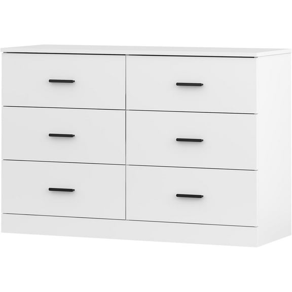 Modern 6 Drawer Dresser for Bedroom, Wood Wide Chest of Drawers Floor Storage Lateral Drawer Cabinet Organizer with Metal Handles for Home Office (White)