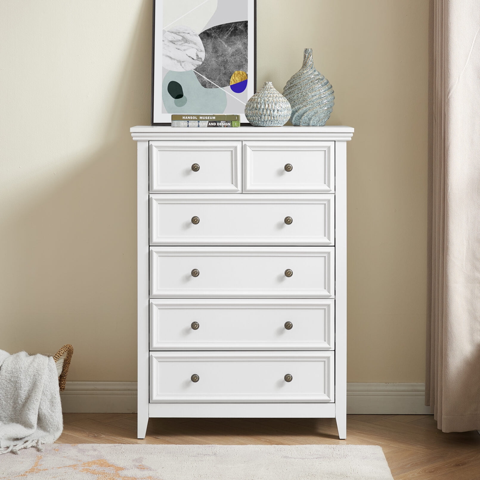Modern 6-Drawer Dresser Cabinet, Farmhouse Style Storage Organizer with ...