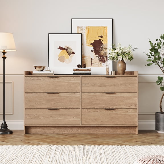 Modern 6-Drawer Dresser Chest of Drawers, Wooden Double Storage Cabinet, TV Stand & Closet Organizer for Bedroom Living Room Clothes Storage
