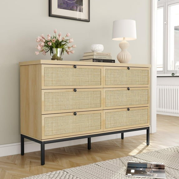 Brafabhome Rattan 6 Drawers Double Dresser Chest, Modern Wicker Chest with Sturdy Steel Legs for Bedroom Living Room Hallway | Beige