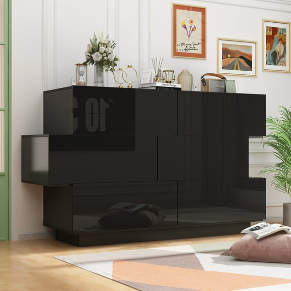 OxyLife Uptown 6-Drawer Stylish Shape Wood Chest Dresser, Black