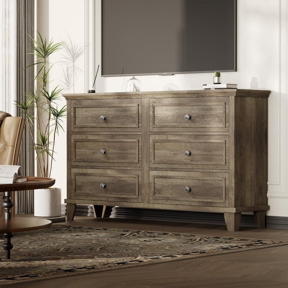 Modern 6-Drawer Dresser TV Stand - Deep Wooden Drawers with Vintage Handles, Space-Saving Organizer for Living Room/Hallway/Closet