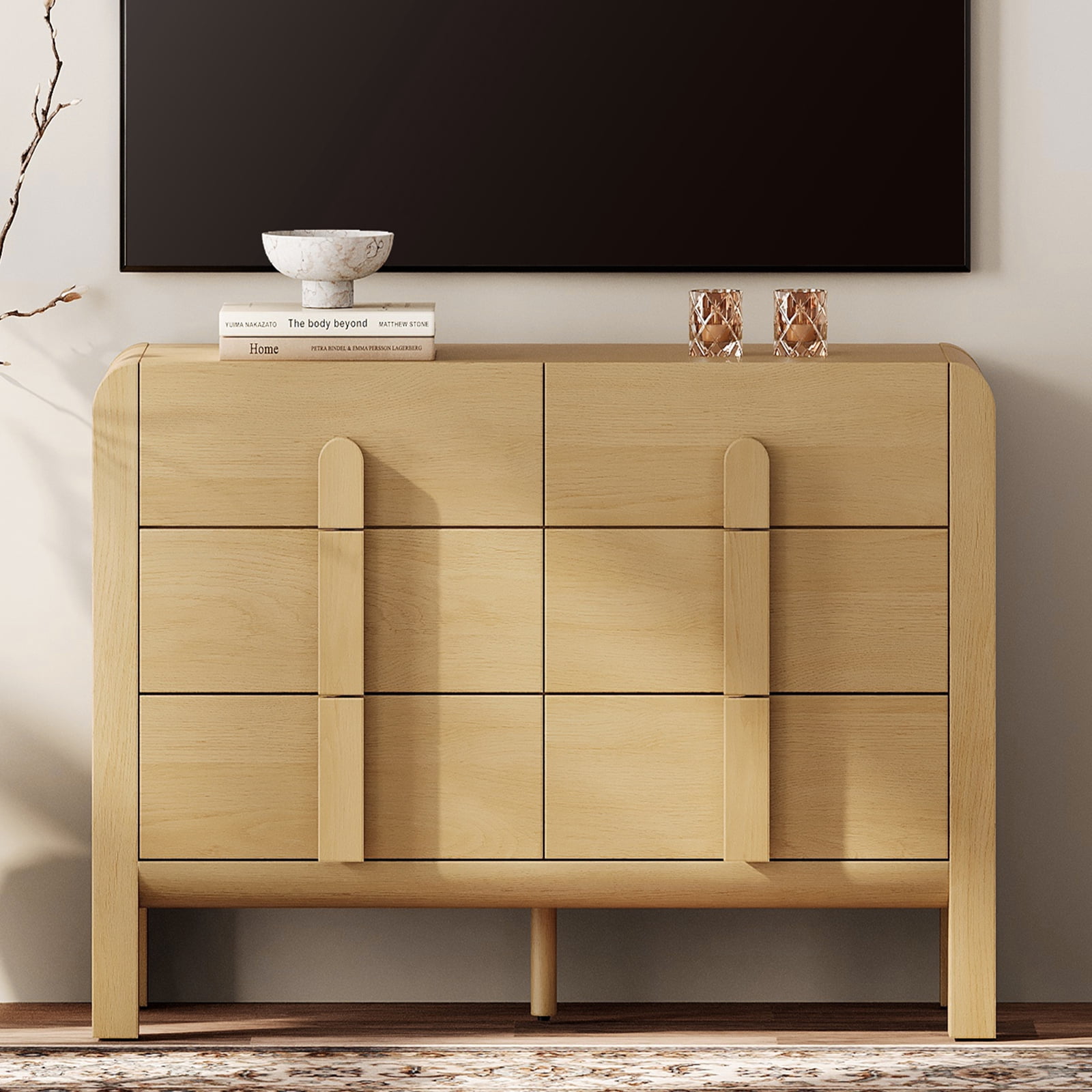 Modern 6 Drawer Dresser TV Stand for 55 Inch TV, Entertainment Center with Curved Profile Design, Wood TV Console with Storage for Living Room