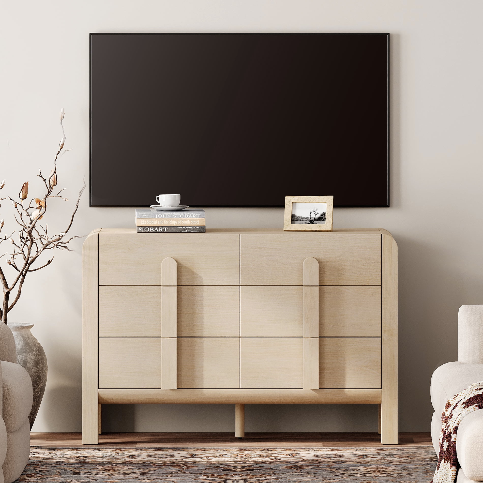 Modern 6 Drawer Dresser TV Stand for 55 Inch TV, Entertainment Center with Curved Profile Design, Wood TV Console with Storage for Living Room