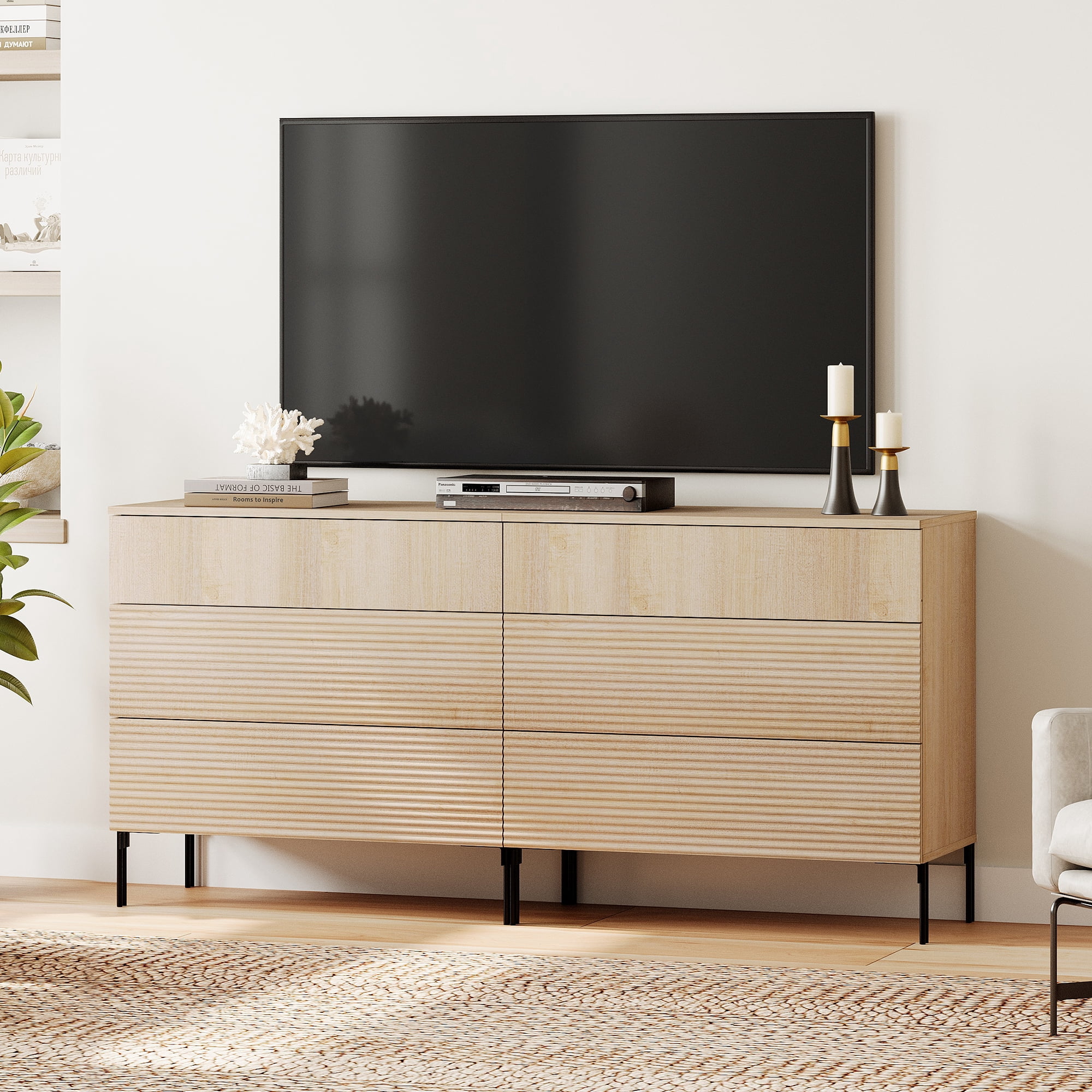 Modern 6 Drawer Dresser TV Stand for TVs up to 75 Inch, Reeded Entertainment Center, Wood TV Console with Storage for Living Room