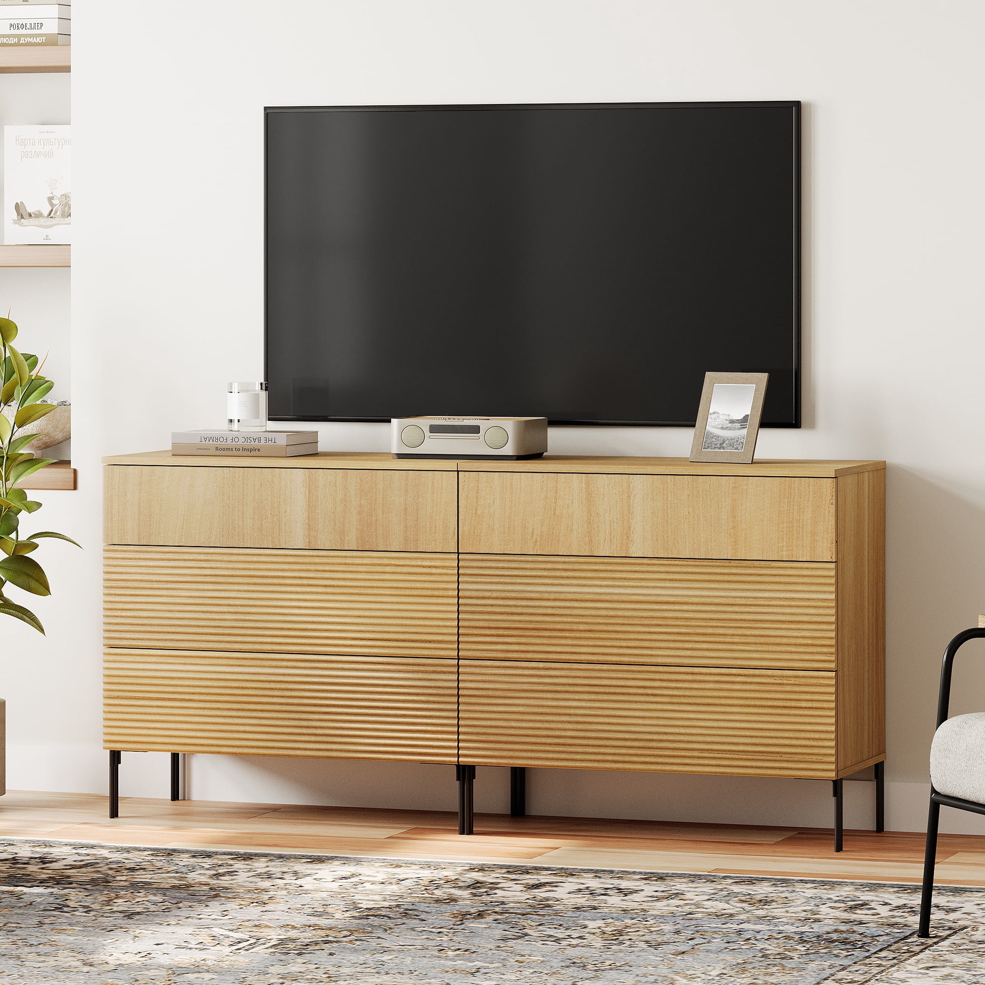 Modern 6 Drawer Dresser TV Stand for TVs up to 75 Inch, Reeded Entertainment Center, Wood TV Console with Storage for Living Room