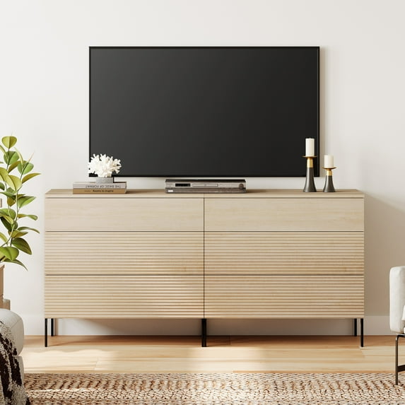 Modern 6 Drawer Dresser TV Stand for TVs up to 75 Inch, Reeded Entertainment Center, Wood TV Console with Storage for Living Room