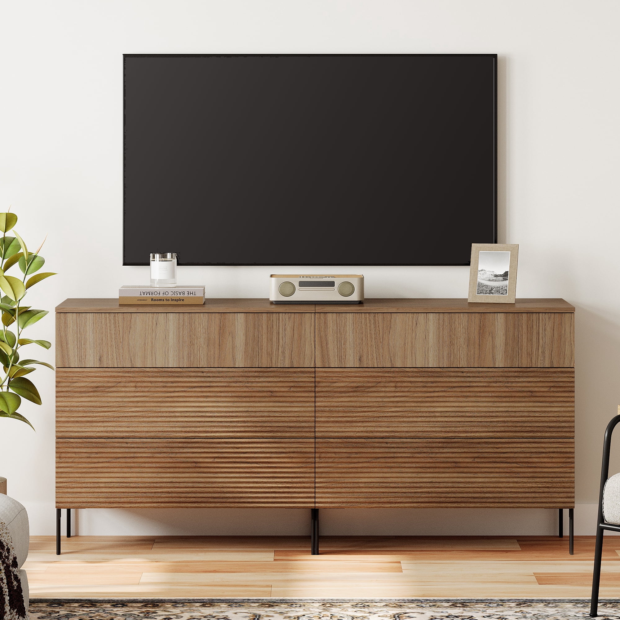 Modern 6 Drawer Dresser TV Stand for TVs up to 75 Inch, Reeded Entertainment Center, Wood TV Console with Storage for Living Room