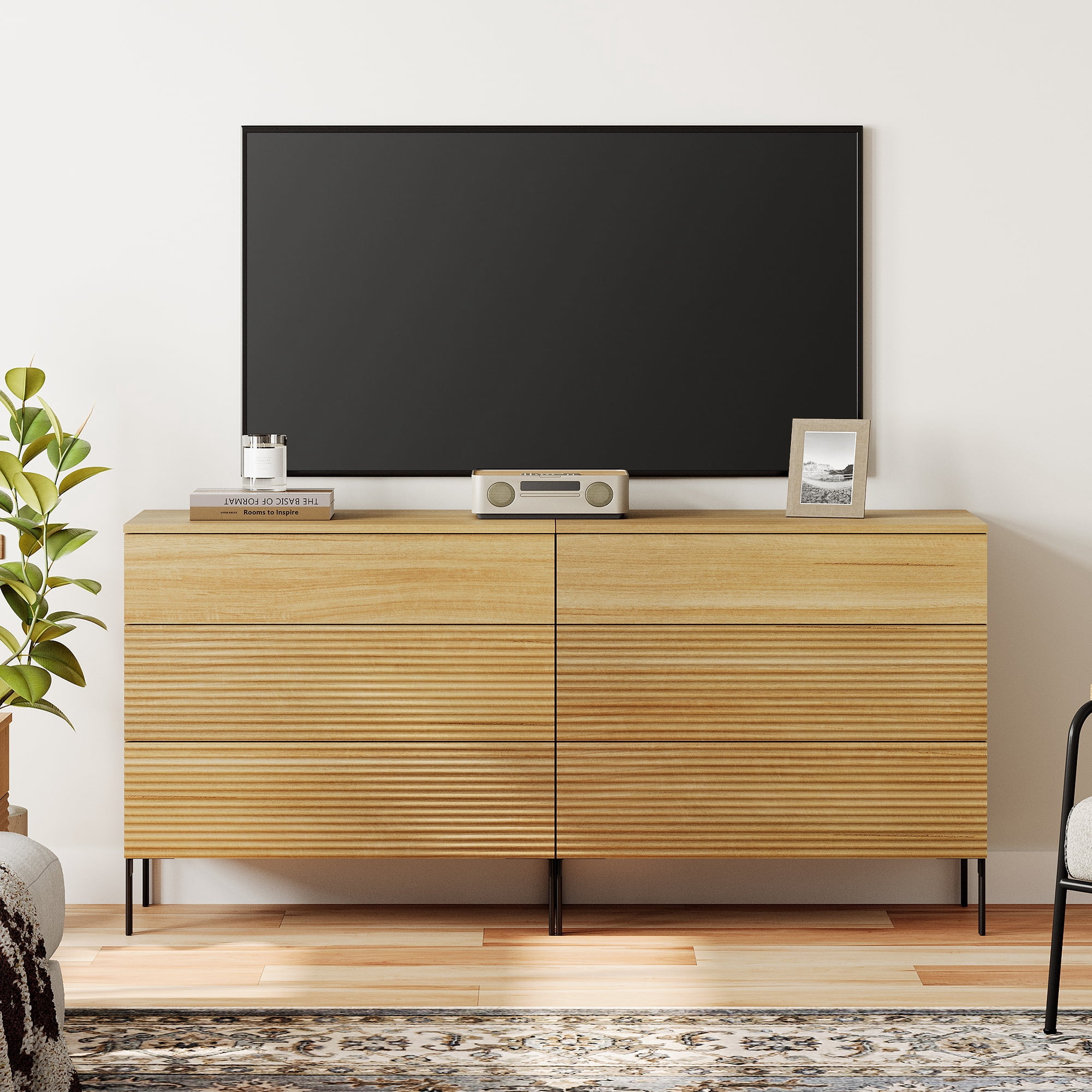 Modern 6 Drawer Dresser TV Stand for TVs up to 75 Inch, Reeded Entertainment Center, Wood TV Console with Storage for Living Room