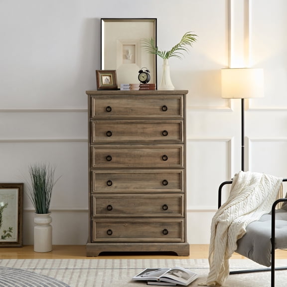 Modern 6 Drawer Dresser, Tall Chest with Easy Pull Handles & Textured Borders For Living Room, Hallway, Gray Wash