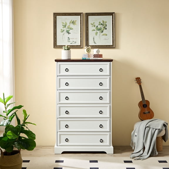 Modern 6 Drawer Dresser, Tall Chest with Easy Pull Handles & Textured Borders For Living Room, Hallway, White