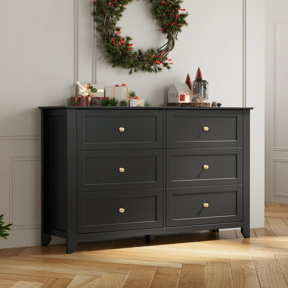 Modern 6 Drawer Dresser for Bedroom, 54" Wide Wooden Dressers with Large Storage,Handleless Chest of Drawers TV Stand for Living Room & Hallway