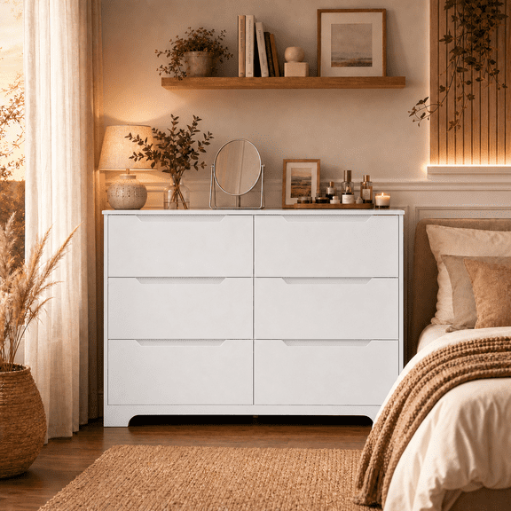 Modern 6-Drawer Dresser for Bedroom, Wide Chest of Drawers with Anti-Tip Device, Storage Organizer for Living Room & Hallway, 2 Colors Available