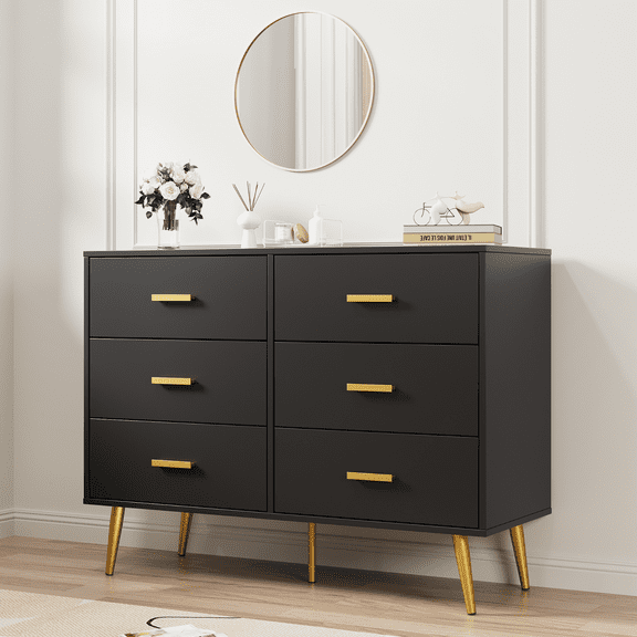 Modern 6 Drawer Dresser with Gold Handles, Wooden Chest Dresser with Deep Drawers, Ample Storage Space, for Bedroom, Living Room and Entryway