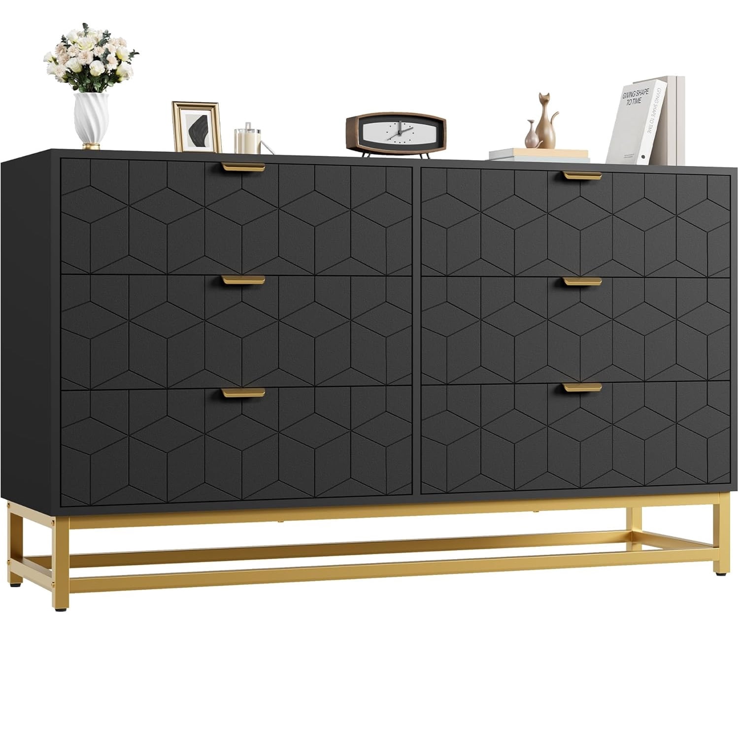 Modern 6-Drawer Dresser with Gold Metal Legs, Black Stylish Storage Chest for Bedroom, Closet or Living Room