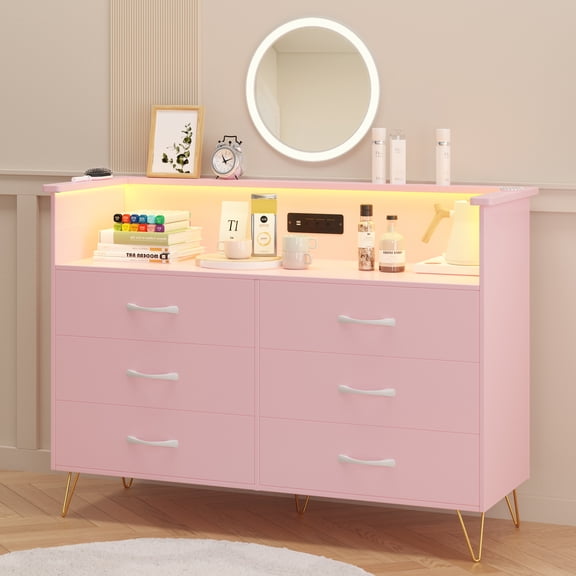 Modern 6-Drawer Dresser with LED Light & Charging Station Wide Wood Chest of Drawers for Clothes, Living Room, TV Stand